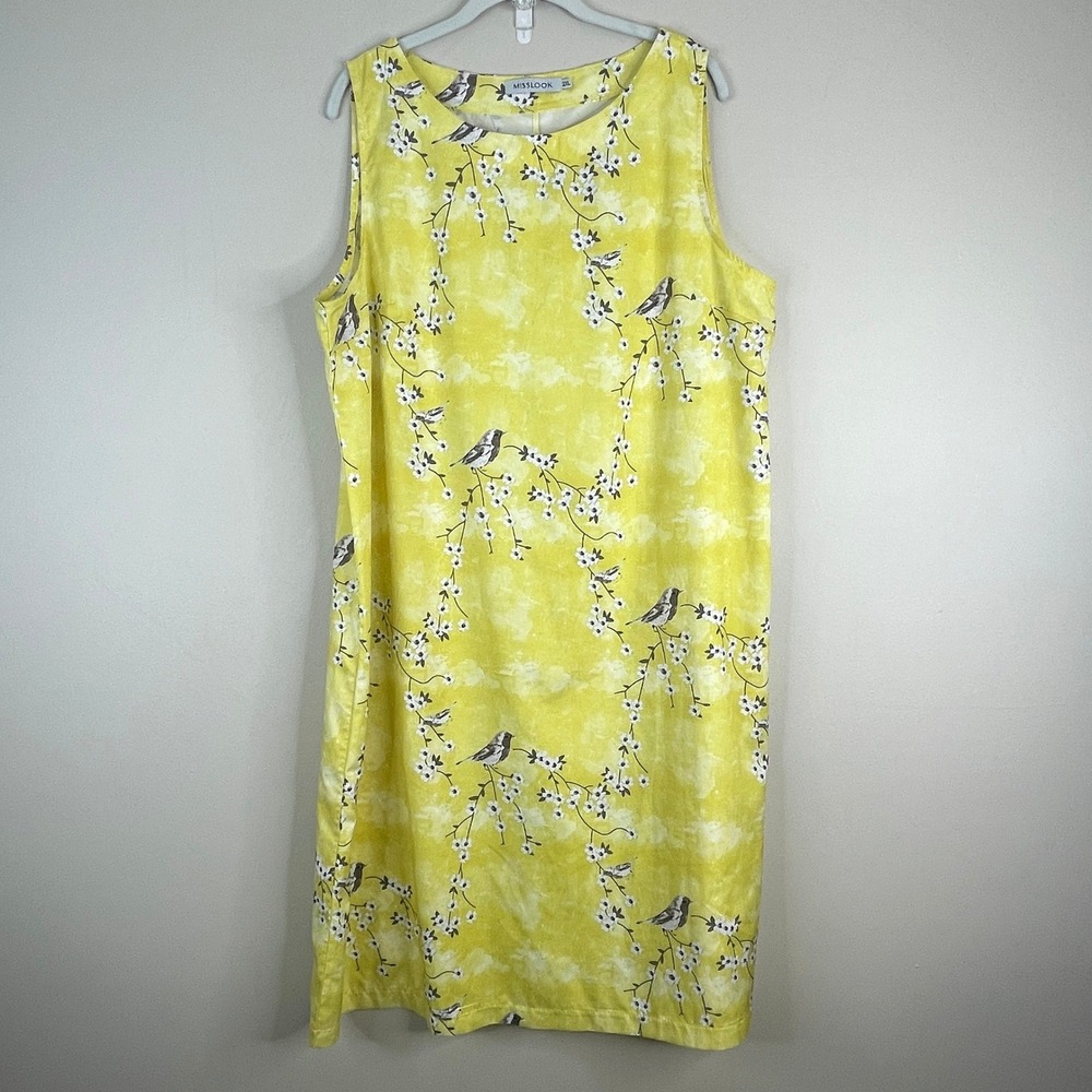 Misslook Cottagecore‎ Bird Print Dress Womens 2XL Floral Shift Sleeveless Comfy
